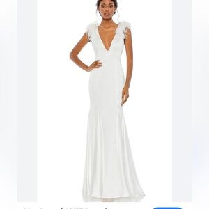 Mac Duggal 68137 White Feather Shoulder V-Neck Gown Ivory dress satin bridal 2